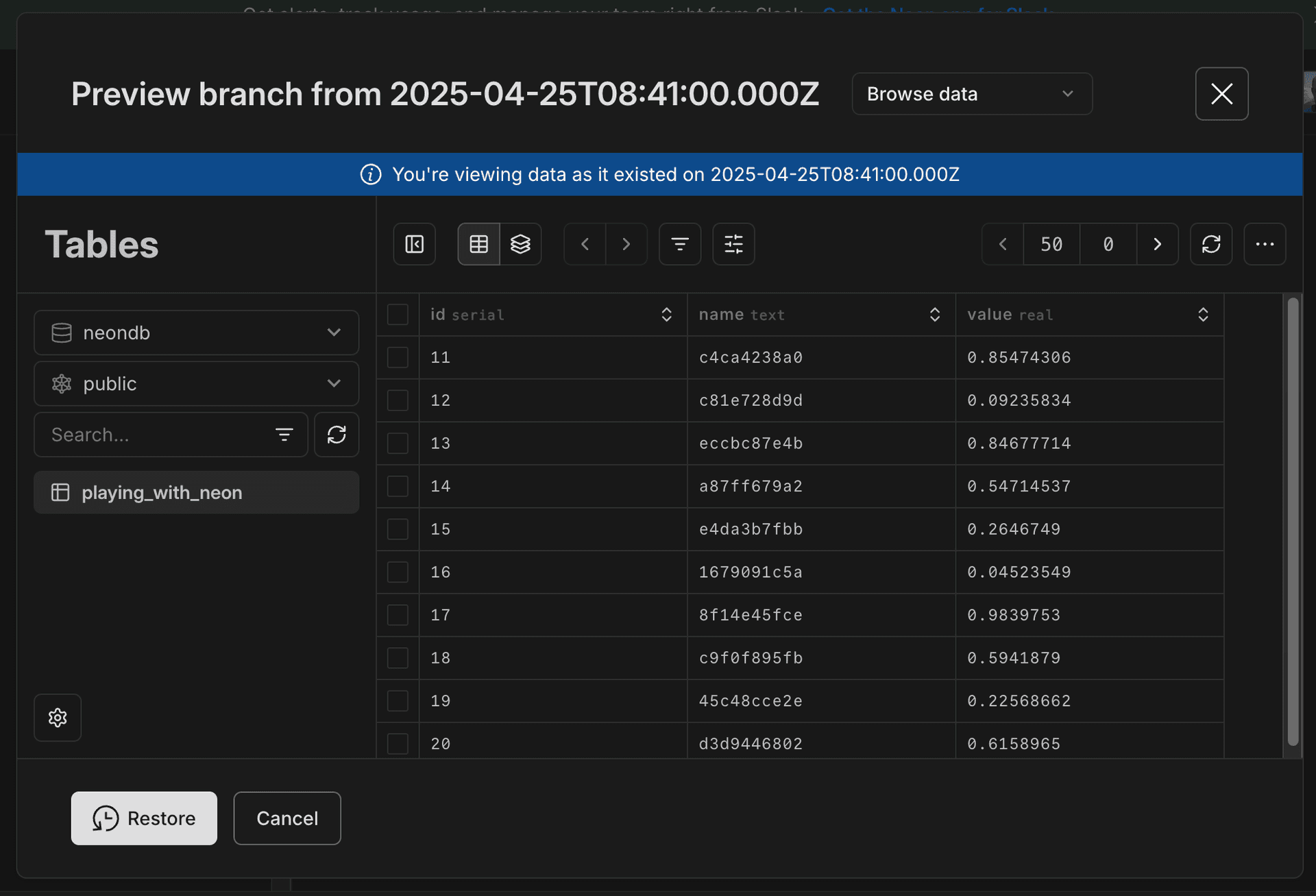 Backup and restore browse data