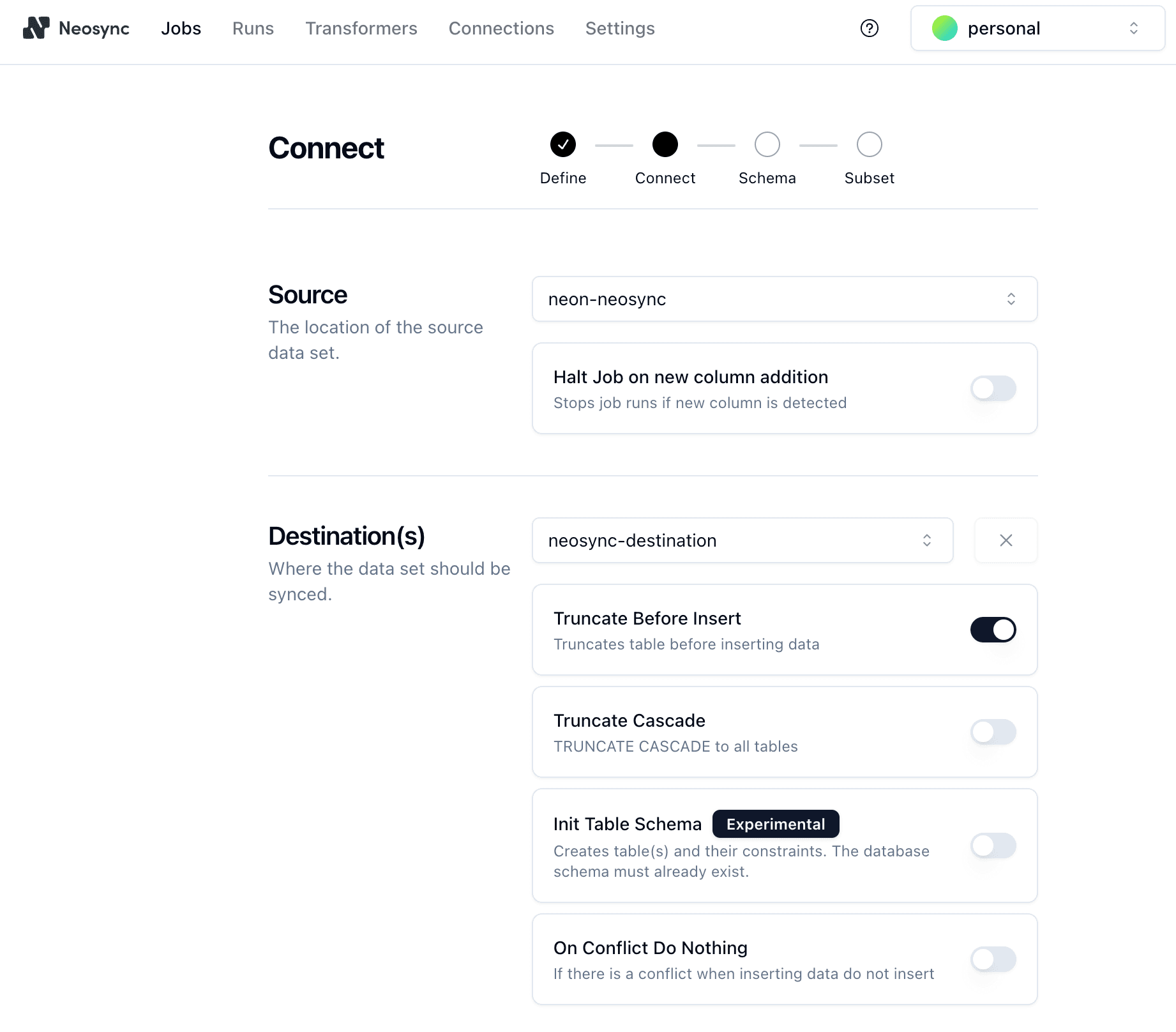 Define Neosync job connection
